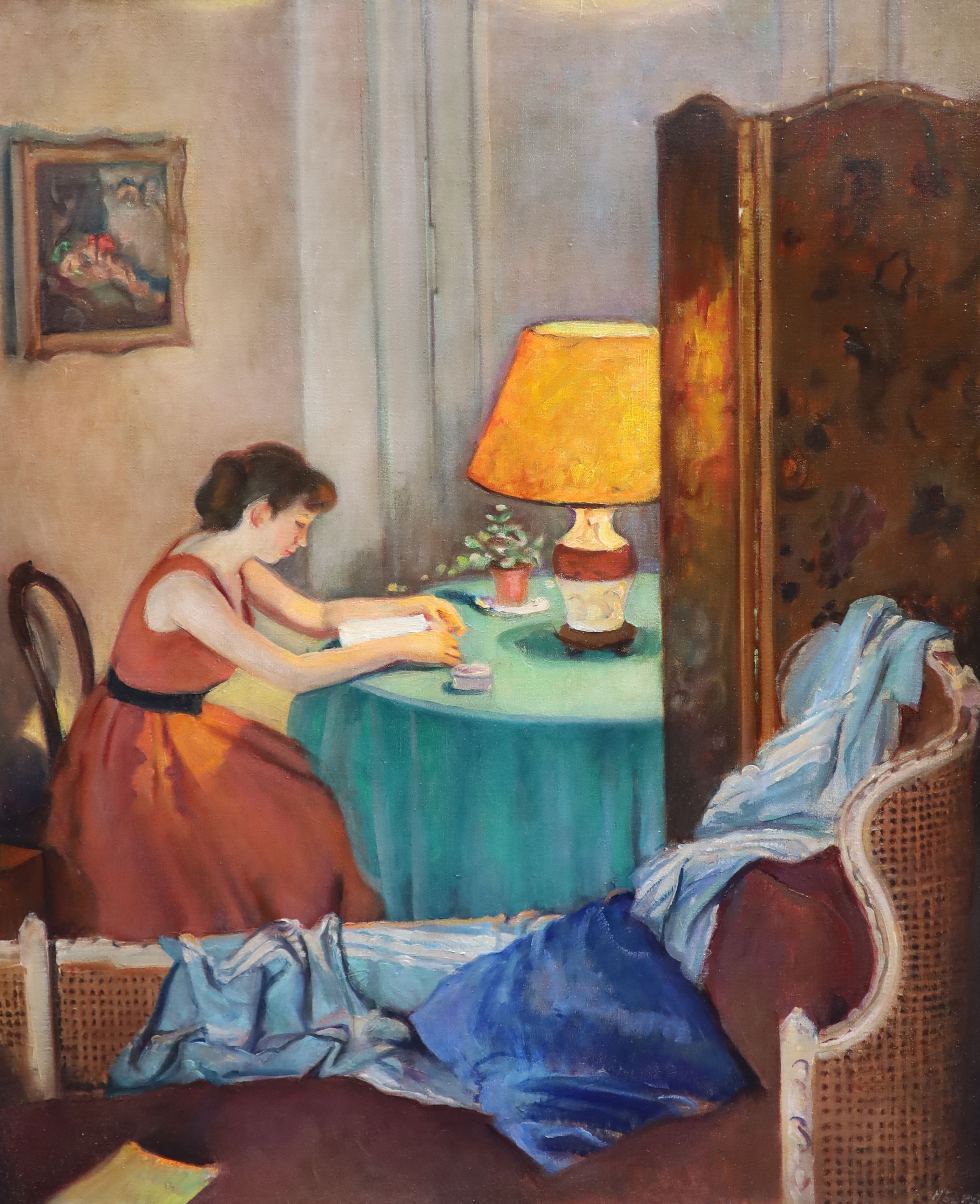 Francis William Helps (1890-1972), Interior with woman reading, Oil on canvas, 76 x 63cm.